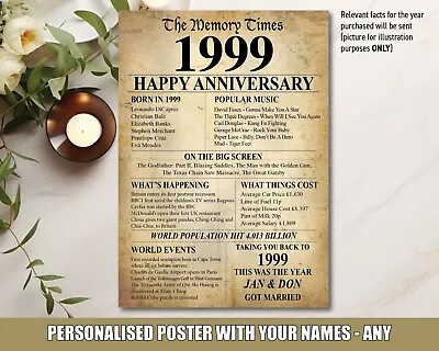 1999 25th Personalised Anniversary Present Gift Poster Print 25 Year Wedding 045 • £5.95