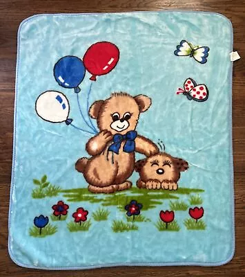 VTG Baby Blanket Teddy Bear Balloons Puppy Dog Butterfly Mink Plush Blue RARE • $126