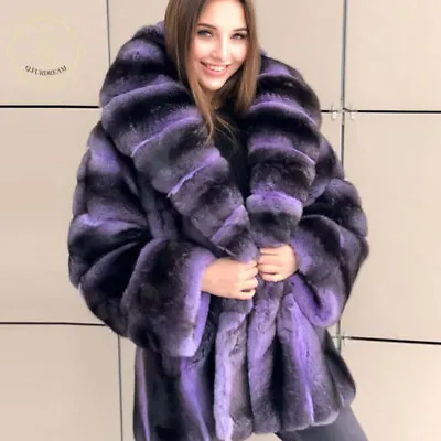 $480 • Buy Women Coat Farming Rex Rabbit Fur Jacket Shawl Collar Overcoat Chinchilla Purple