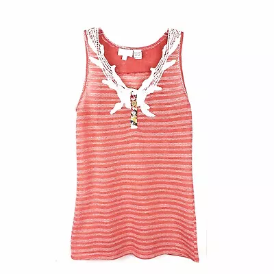 Miss Me Women Shirt Size Medium Tank Top Orange White Stripe Lace Neckline *Read • $19.99