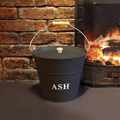 Black Metal Ash Bucket With Lid FirePlace Coal Bin Skuttle Fire Log Storage 12L • £9.93