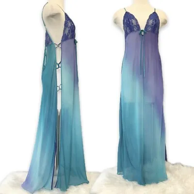 Vintage Shirley Of Hollywood Chiffon Ombré Mermaid Lace Maxi Gown Slip Dress • $135