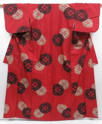 2924T06z650 Vintage Japanese Kimono Silk MEISEN KOMON Flower Dark Red • $70