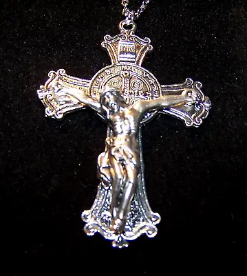 Large STEEL 2 SIDE CRUCIFIX CROSS RELIGIOUS JESUS Pendant Silver 24  Necklace • $19.86