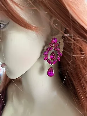 2.6” Drop Long Hot Pink Silver Fuchsia Rhinestone Dangle Crystal Prom Earrings • $15