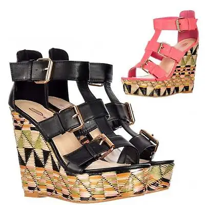 Womens Ladies Dolcis Buckle Gladiator Sandals Raffia Wedges Shoes Black Pink • £16.99