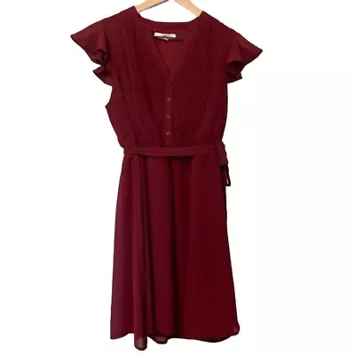 Ya Los Angeles Size M Burgundy Cranberry Red Short Ruffle Sleeve Belted Dress • $25