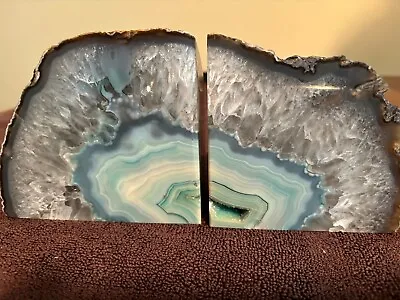 Agate Geode Turquoise Blue Paired Bookends - Glossy Interior And Rough Exterior • $20