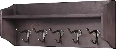 Coat Hooks With Storage Shelf Wall-Mounted Rustic Wood Hanging Coat Rack With 5 • £25.10