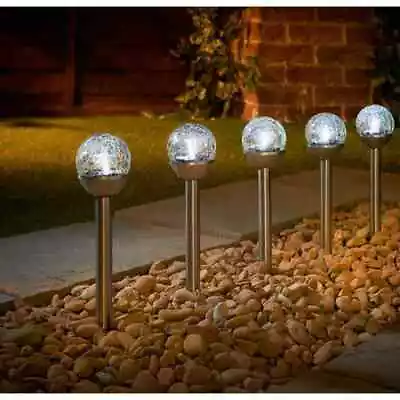 5pk Solar Powered Garden Outdoor LED Post Lights Mini Crackle Ball Patio Pathway • £10.90