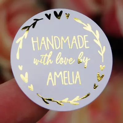 Handmade With Love By Personalised Foil Stickers On A White Matt Circle Label • £4.99