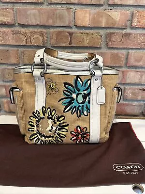 COACH Limited Burlap Embroidered Bee Flower White Leather Satchel Bag 9447 • $49