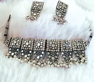 Ethnic Bollywood Style Design Silver Oxidized Choker Necklace Indian Jewelry Set • $12.74