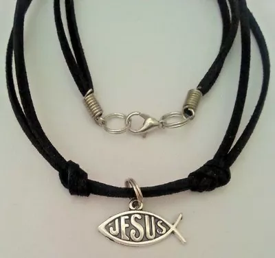 Leather Necklace Fish Faith Jesus Charm Pendant Handmade Men's Woman Choker • $13.50