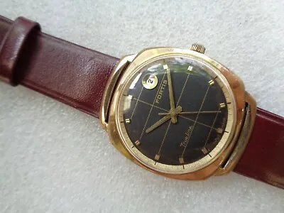 Rare Vintage Swiss Gold Plated Black Dial Fortis True Line Men's Automatic Watch • $199.99