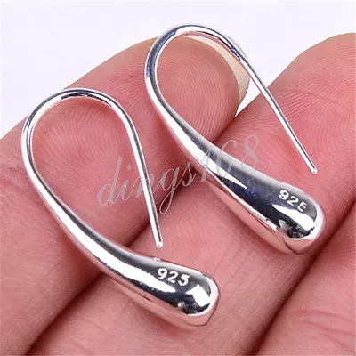 $14.99 • Buy Ladies Classic 925 Sterling Silver Elongated Water Dew Drop 1  Hoop Earrings C1