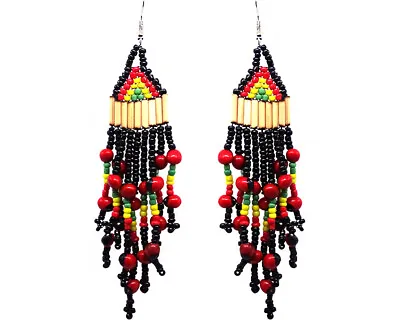 Long Rasta Wooden Bamboo Seed Bead Chandelier Fringe Dangle Earrings Reggae Gift • $14.99