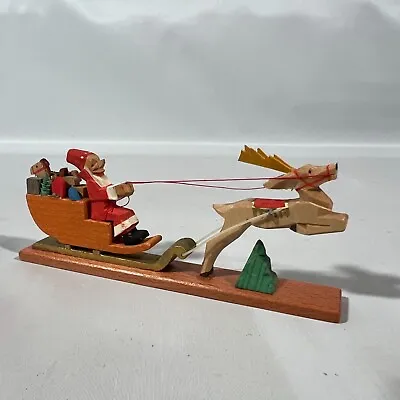 Vtg EAST Germany ERZGEBIRGE Xmas Santa Sleigh Reindeer FIGURINE HandCarved Wood • $59.95