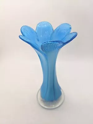 Vintage Blown Glass VASE Art Deco Encased Blue Flower Clear Base 7.5” • $26