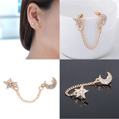 £2.72 • Buy Fashion Moon Star Inlaid Crystals Chain Piercing Stud Earrings Ear Double Hole
