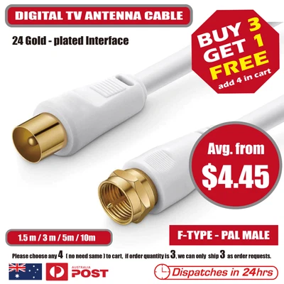 $6.55 • Buy TV Antenna Extension Cable F-Type To PAL Male Aerial Flylead Cord 1.5m 3m 5m 10m