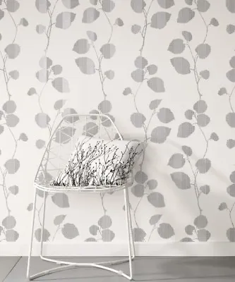 Non Woven Wallpaper White Grey Leaves Digital Botanical Design Wall Decor • $29