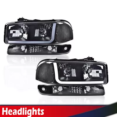 Black LED DRL Headlights W/ Bumper Signal Lamps Fit For 99-2007 GMC Sierra Yukon • $85.81