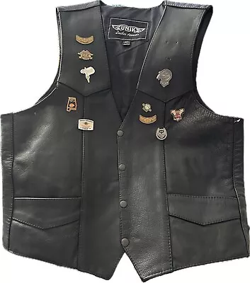 UNIK ULTRA BIKER Snap Front Vest 10 Vintage HOG & Harley Pins Leather Size 44 • $59.99