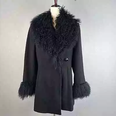 Mackintosh Womens Mongolian Fur Trim Coat Jacket USA Black Wool Penny Lane • $204.99