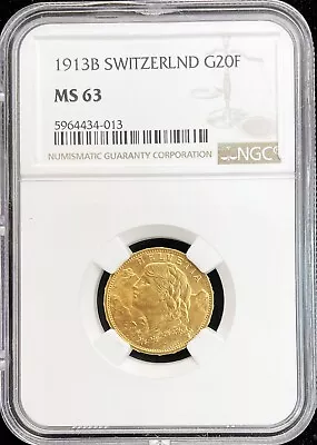 1913 B Gold Switzerland 20 Francs 6.451 Grams Helvetia Coin Ngc Mint State 65 • $463