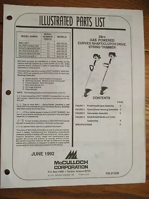 Used Mcculloch 28cc Gas Powered Curved Shaft  Trimmer Parts List June 1992 • $8.65