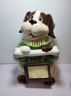 Cookie Jar By CKA DOG  In A Green Sweater With Bone And Picture Frame Ceramic • $18