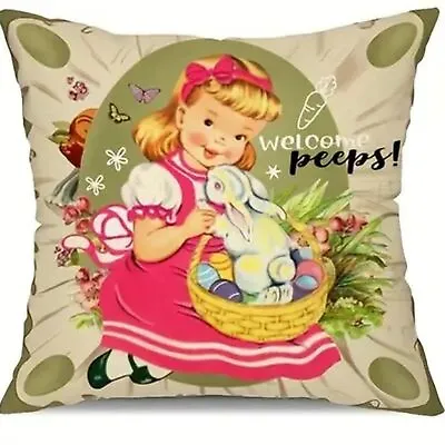 New Polyester Vintage Retro Style Bunny Rabbit Welcome Peeps Pillow Cover 17.7  • $9