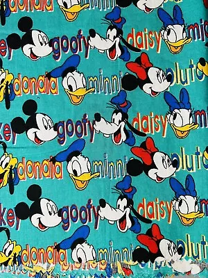 Vintage Disney Mickey Mouse & Friends Teal-ish Fabric Panel 60” X 13” Very Cute! • $17.99