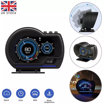 HUD OBD2+GPS Gauge Head Up Car Digital Display Speedometer RPM Alarm Temp UK • £36