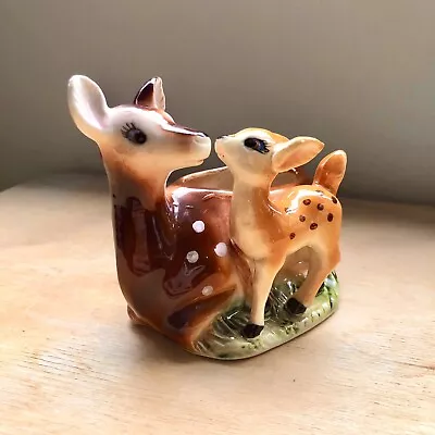 Vintage 1950s Japanese Mother Deer And Fawn Ceramic Figurine Ashtray Planter MCM • $38