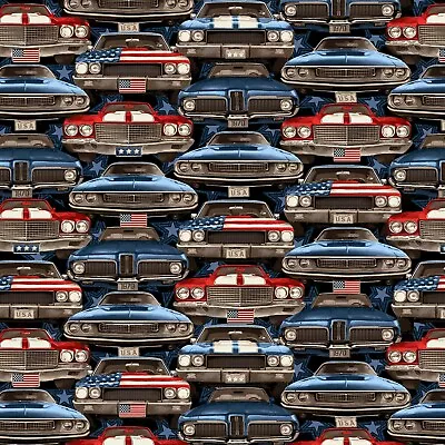 American Muscle Patriotic Muscle Cars On-Coming Cars Cotton Fabric By 1/2 Yard • $5.75