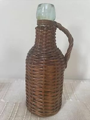 Vintage Rare Small Wicker Wrapped Handblown Thick Clear Glass Demijohn Jug-7.5” • $55