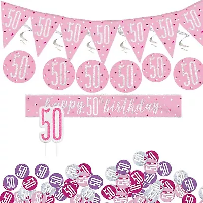 50th Birthday Party Decoration Kit Pink Banners Bunting Confetti Candle Swirls • £10.99