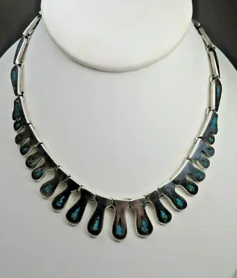 Vintage Mexico Sterling Silver And Turquoise Inlay Link Necklace 15  • $79