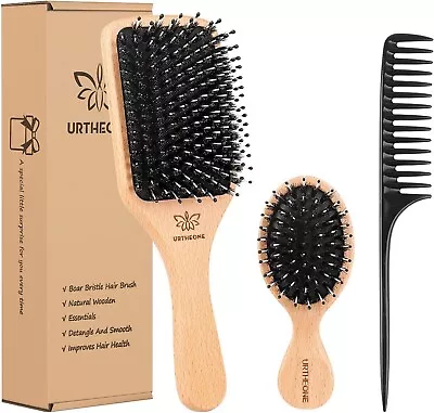 Boar Bristle Hair Brush And Comb Set For Women Men Kids Best Natural Wooden And • £12.59