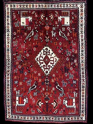 Unique Antique Qashqai Gabbeh Birds Beast  Figure Pictorial Red Tribal Rug 4-1x6 • $2259