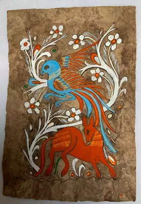 VINTAGE MEXICAN FOLK ART AMATE BARK PAINTING TROPICAL BIRD & DEER 11.25” X 7.75  • $29