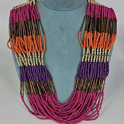 Beaded Necklace Multicoloured Multi Strand Statement Cleopatra  Gold Tone • £10