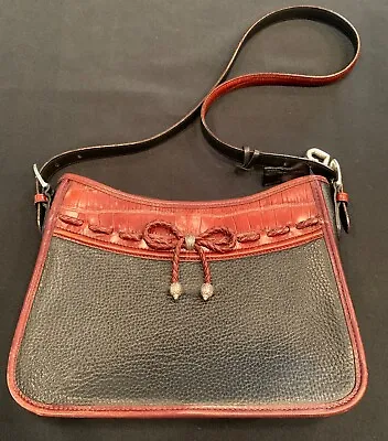 Vintage Brighton Black Brown Pebbled Leather Purse Handbag Mock Croc Trim & Bow • $29.99