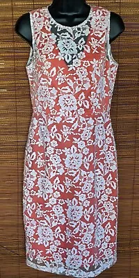 Anthropologie Erin Fetherston Womens 4 Coral Orange White Lace Pencil Midi Dress • $10