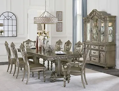 Formal 7 Pc Platinum Gold Dining Table Faux Leather Chairs Dining Furniture Set • $2499