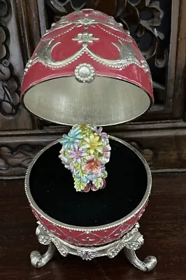 Red & Gold Faberge Egg Vintage Music Box - Flowers - Rhinestone- Pearls • $45