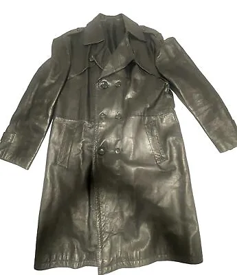 ECHT LEDER ECHTES Black Long Vintage Leather Trench Coat Size MEDIUM SIZE 50 • $149.99
