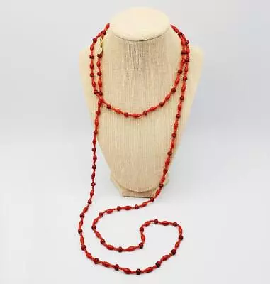 Vintage Miriam Haskell 6mm Red Glass & Brass Filigree 60” Flapper Beads Necklace • $125